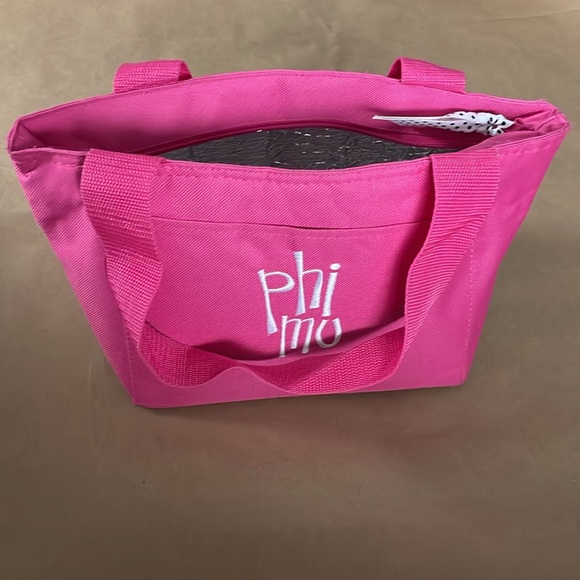 Phi Mu hot pink insulated cooler lunch tote with white embroidered Phi Mu - Picture 7 of 8